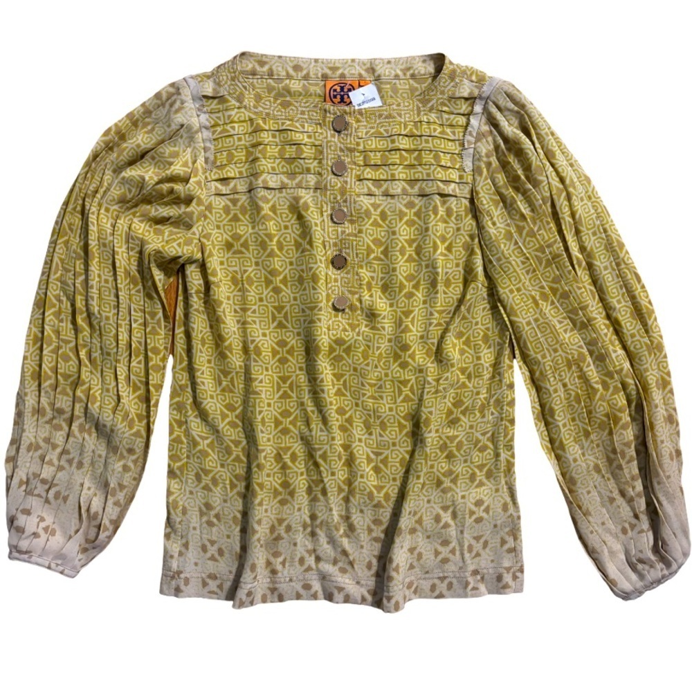 Tory Burch Geometric Print Pintuck Pleated Sleeve Blouse Yellow Tan Women's M